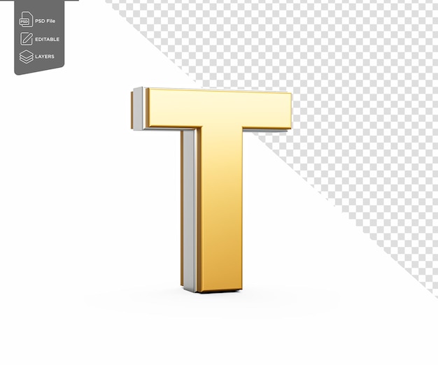 Der goldene Großbuchstabe T glänzt mit einem eleganten, modernen Design, einer fettgewichtigen Schriftart mit scharfen Rändern und einer 3D-Illustration.