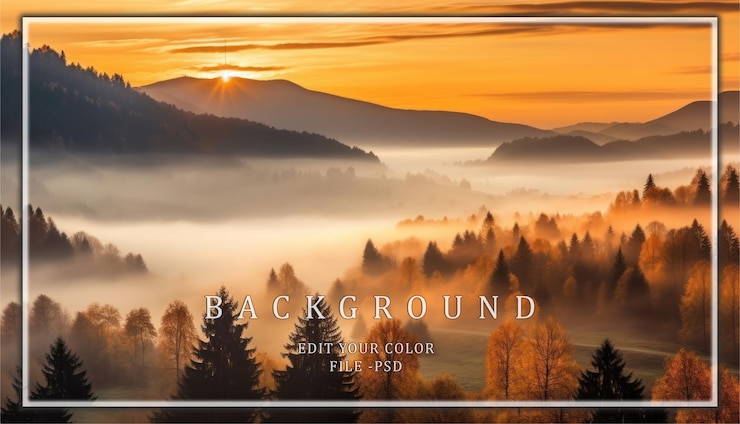 PSD der goldene sonnenaufgang über dem nebligen wald