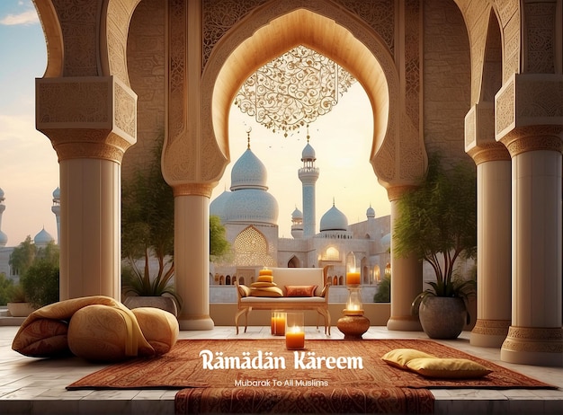 PSD der innenhof der ramadan kareem-moschee wurde in einen open-air-iftar-banquet-hintergrund verwandelt