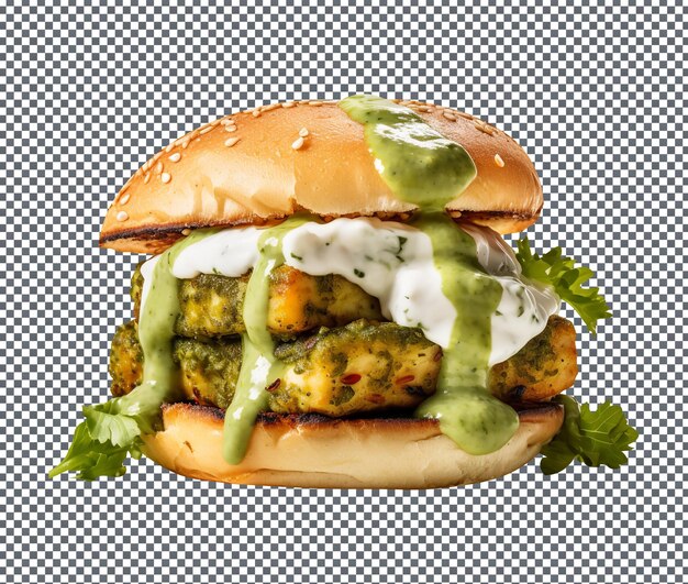 Der köstliche und köstliche thai green curry tofu burger ist auf einem durchsichtigen hintergrund isoliert