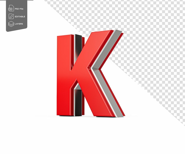 Der lebendige rote Großbuchstabe K glänzt mit seinem schlanken Design, der fettfarbigen Schriftart mit scharfen Rändern und der 3D-Illustration