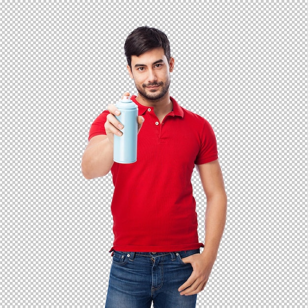 Der Mann mit der roten Strickjacke ein Spray halten kann
