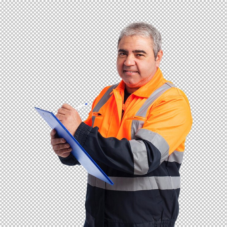 PSD der mann mit einem orangefarbenen overall notizen
