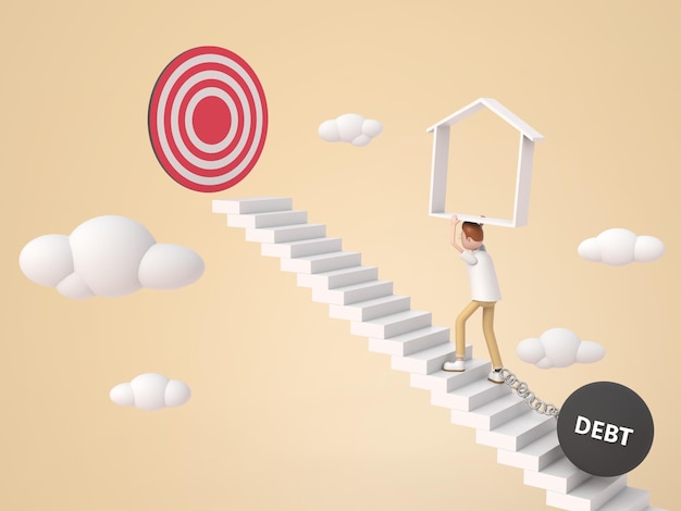 Der Mensch geht die Treppe hinauf und hält ein Haus, um sein Ziel zu erreichen, während er mit einem gebrochenen Glied auf isoliertem Hintergrund an eine Eisenkugel gekettet ist