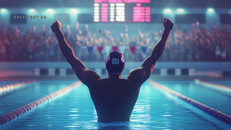 Der siegreiche Schwimmer feiert den Sieg mit erhobenen Armen und jubelnde Menge im Hintergrund
