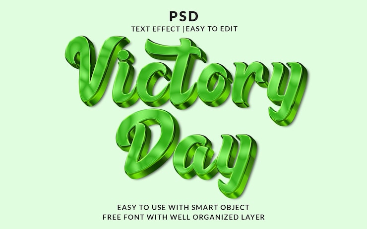 PSD der tag des sieges 3d-bearbeitbare photoshop-text-effekt-stil mit hintergrund