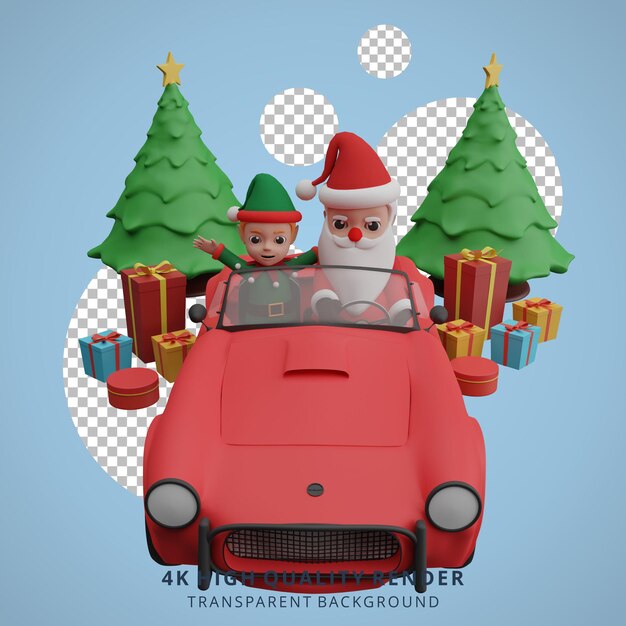 Der weihnachtsmann und die zwerge fahren ein auto, um geschenke für weihnachten und neujahr vorzubereiten