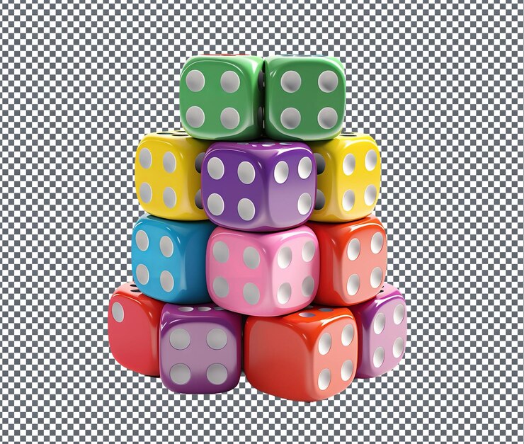 PSD des dés de jeu de carnaval colorés isolés sur un fond transparent