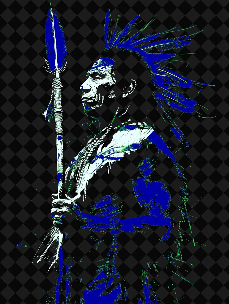 PSD desain karakter ilustrasi png potret prajurit cheyenne dengan cat perang dan tombak berdiri
