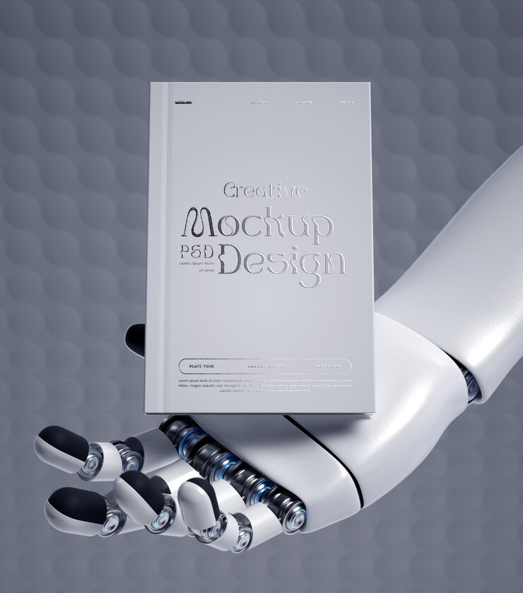 PSD desain mockup tangan robot memegang buku bersampul tipis