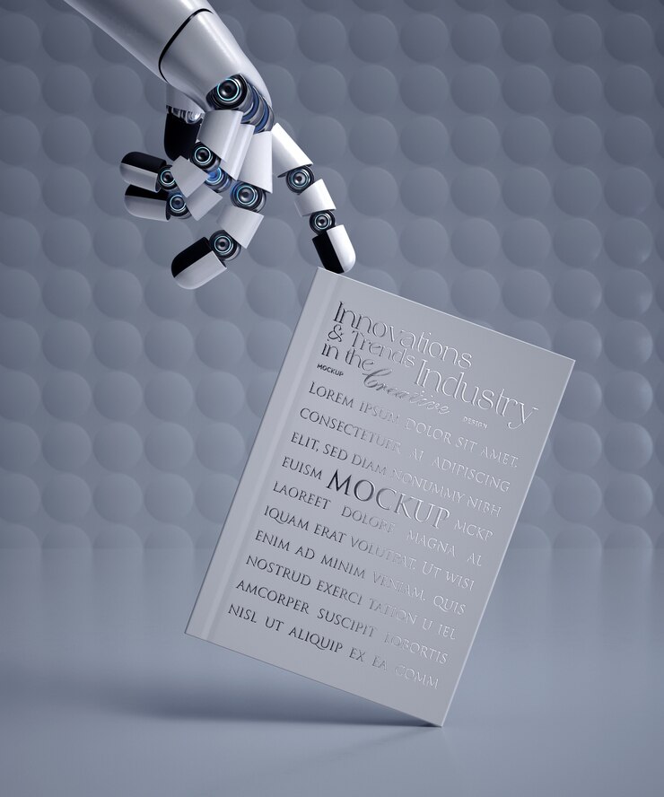 PSD desain mockup tangan robot memegang buku bersampul tipis