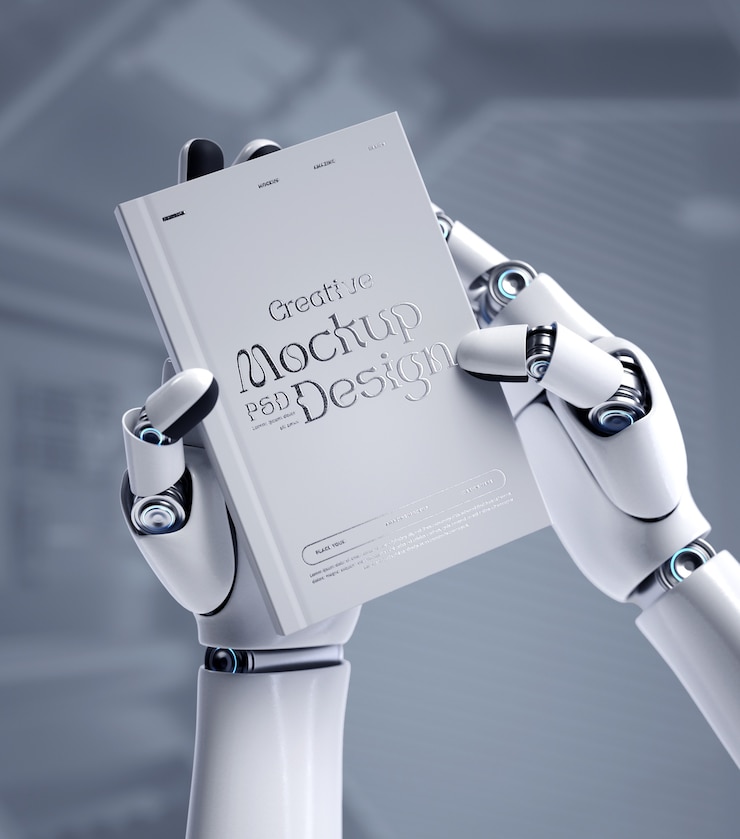 PSD desain mockup tangan robot memegang buku bersampul tipis