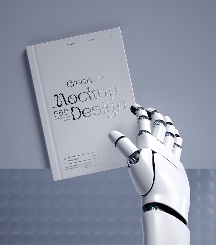 PSD desain mockup tangan robot memegang buku bersampul tipis