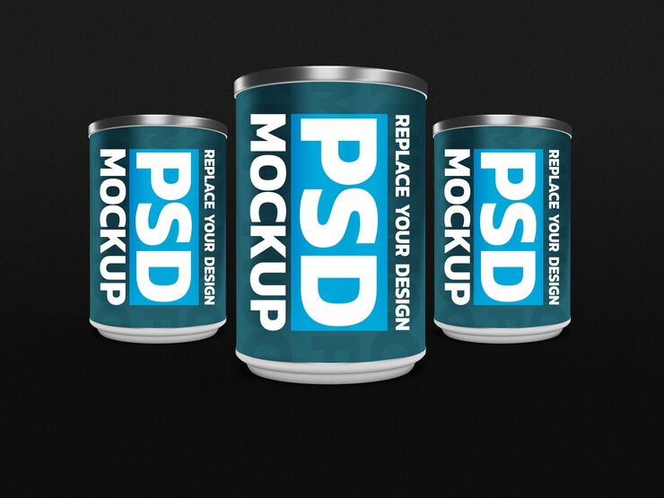 PSD desain render 3d mockup makanan kaleng
