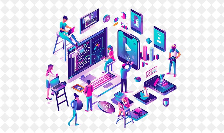 PSD desarrollador de aplicaciones futuristas con codificación y diseño de caracteres en png gente en la ilustración de trabajo diario