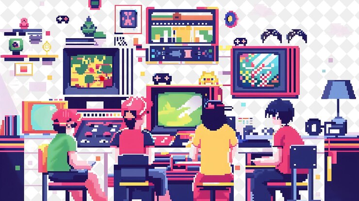 PSD desarrollador de juegos retro con personajes que diseñan y juegan v png people in daily work illustration