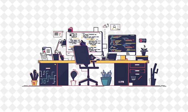 PSD desarrollador web futurista con codificación y diseño de caracteres en png gente en ilustración de trabajo diario