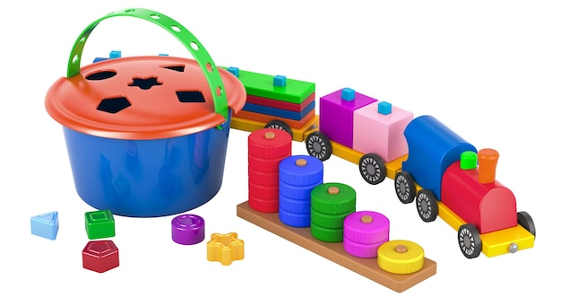 Desarrollo temprano y actividad juguetes clasificación apilamiento juguete de madera apilamiento tren ábacos cubo de clasificación de forma y anillos de apilamiento de colores de madera renderización 3D