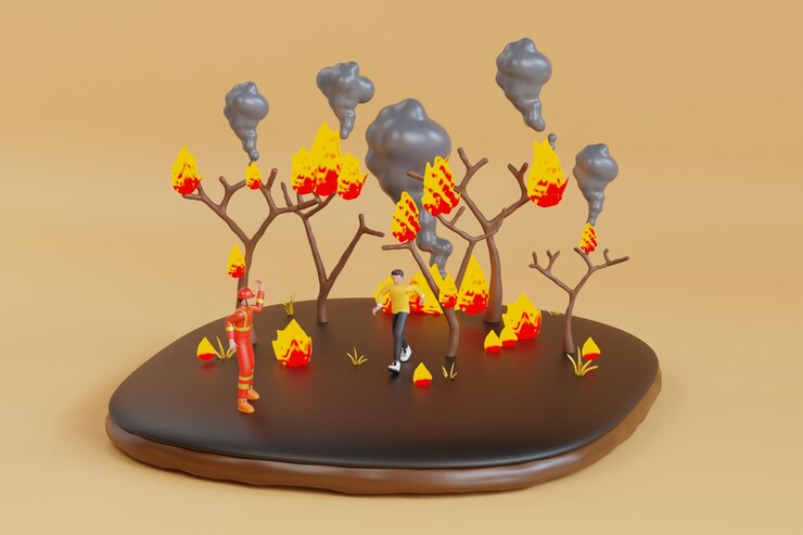 PSD desastres naturais 3d incendeiam pessoas fugindo da chama de árvores florestais em chamas