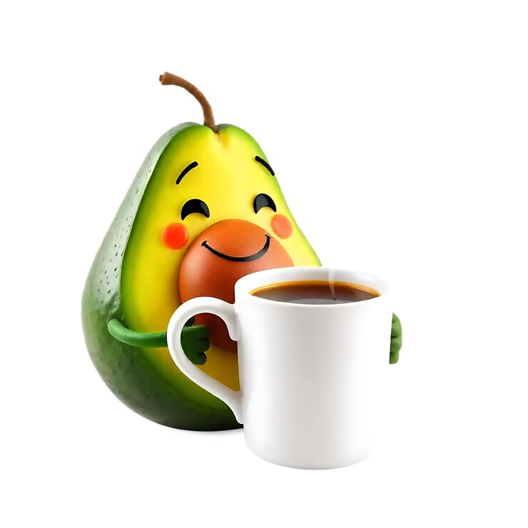 PSD desayuno con avocado cortado a la mitad personaje de dibujos animados funky con cara graciosa niños emoji de comida feliz png