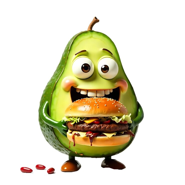 PSD desayuno con avocado cortado a la mitad personaje de dibujos animados funky con cara graciosa niños emoji de comida feliz png