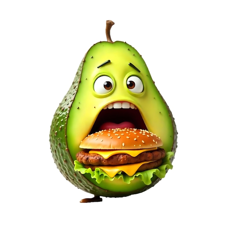 PSD desayuno con avocado cortado a la mitad personaje de dibujos animados funky con cara graciosa niños emoji de comida feliz png