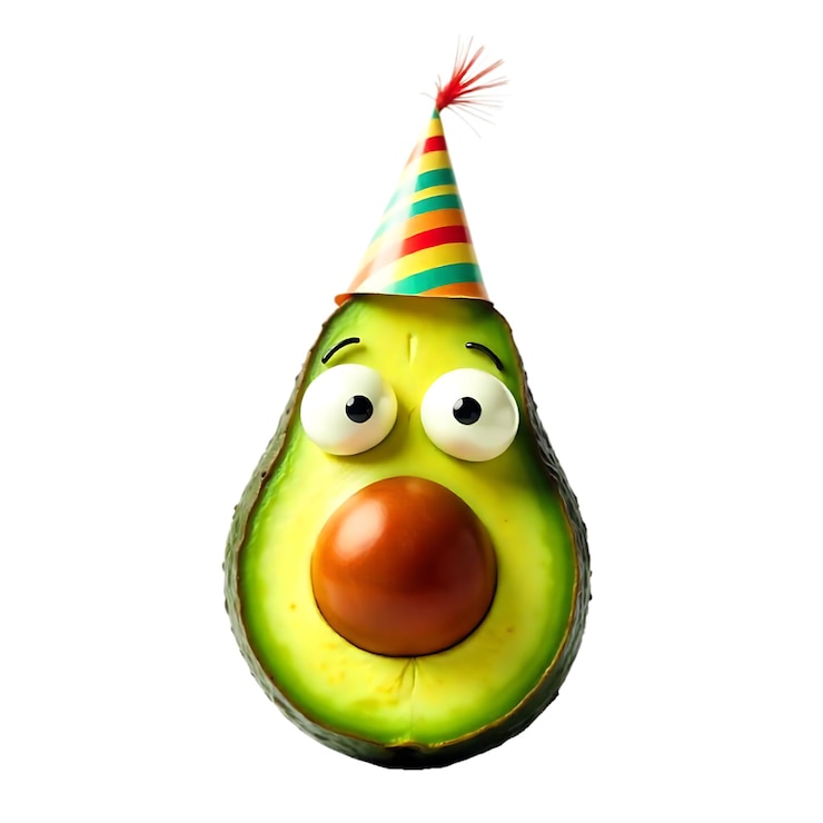 PSD desayuno con avocado cortado a la mitad personaje de dibujos animados funky con cara graciosa niños emoji de comida feliz png