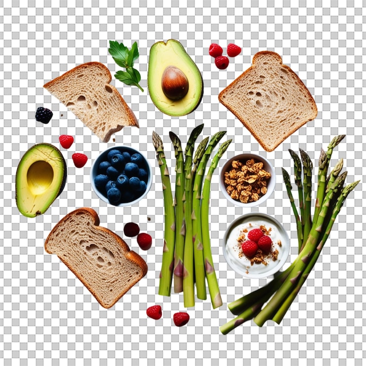 PSD desayuno saludable con ingredientes frescos aislados sobre un fondo transparente
