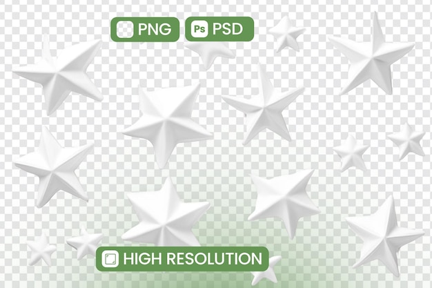 Descargar archivos PNG y PSD de estrellas blancas 3D de alta resolución Ideales para proyectos de diseño y imágenes creativas Añadir un tema celestial a su trabajo Perfecto para decoraciones festivas