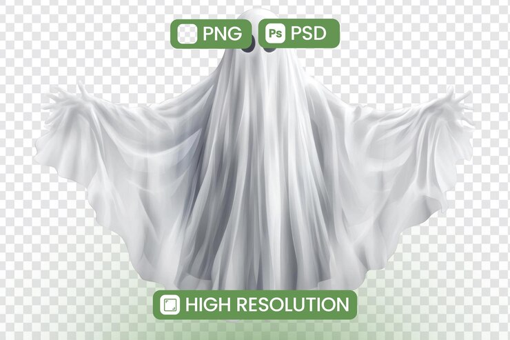 PSD descargar archivos png y psd de fantasma de alta resolución una imagen espectral para proyectos de diseño con un fantasma de hoja blanca que fluye con los brazos extendidos perfecto para halloween o temas espeluznantes