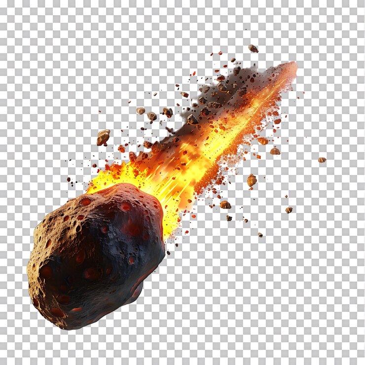 PSD un descenso ardiente de meteoritos es capturado contra un lienzo transparente