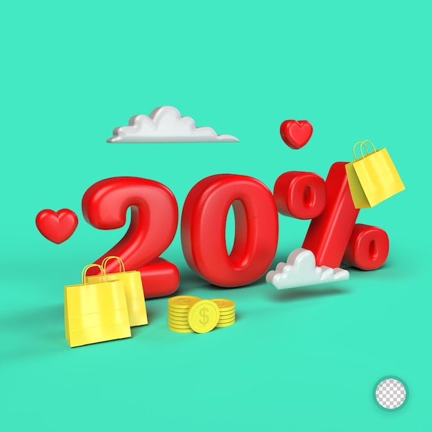 Desconto de venda de oferta de 20%. 3d render