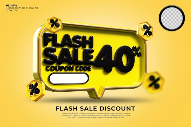Desconto de venda em flash 3D percentual 40 com cores pretas amarelas, banner de loja online,