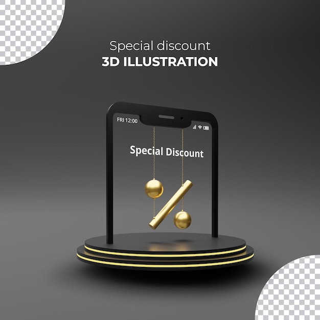 Desconto especial com promoção de renderização 3D para smartphone, oferta de desconto na tag promocional