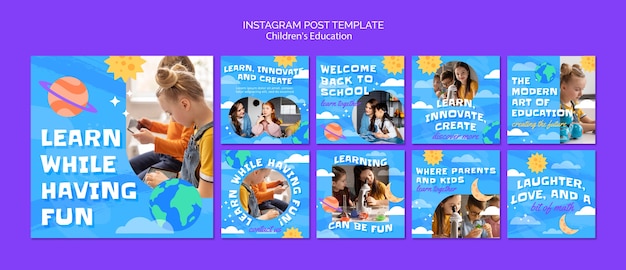 PSD descrição plana de posts de educação infantil no instagram