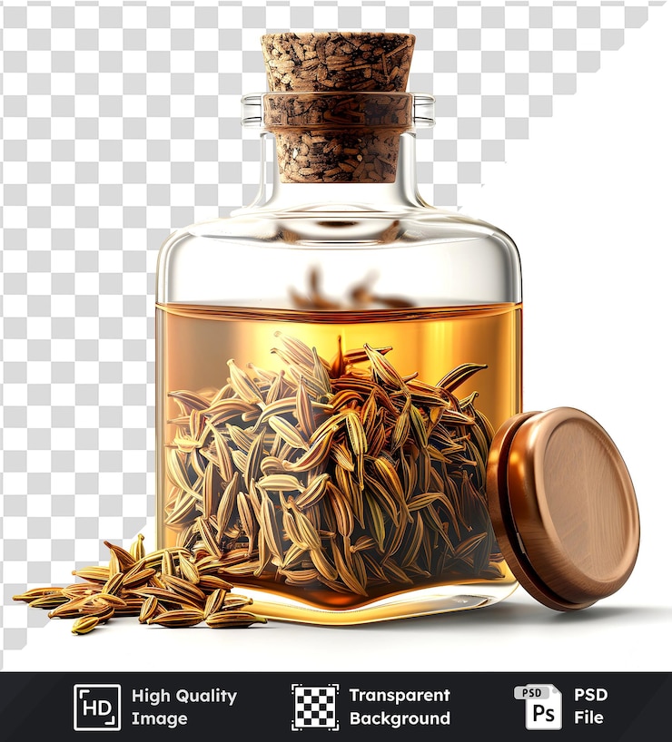 PSD descubra la esencia aromática de aceite de semilla de alcaravea de primera calidad en una botella transparente perfecta para rem natural