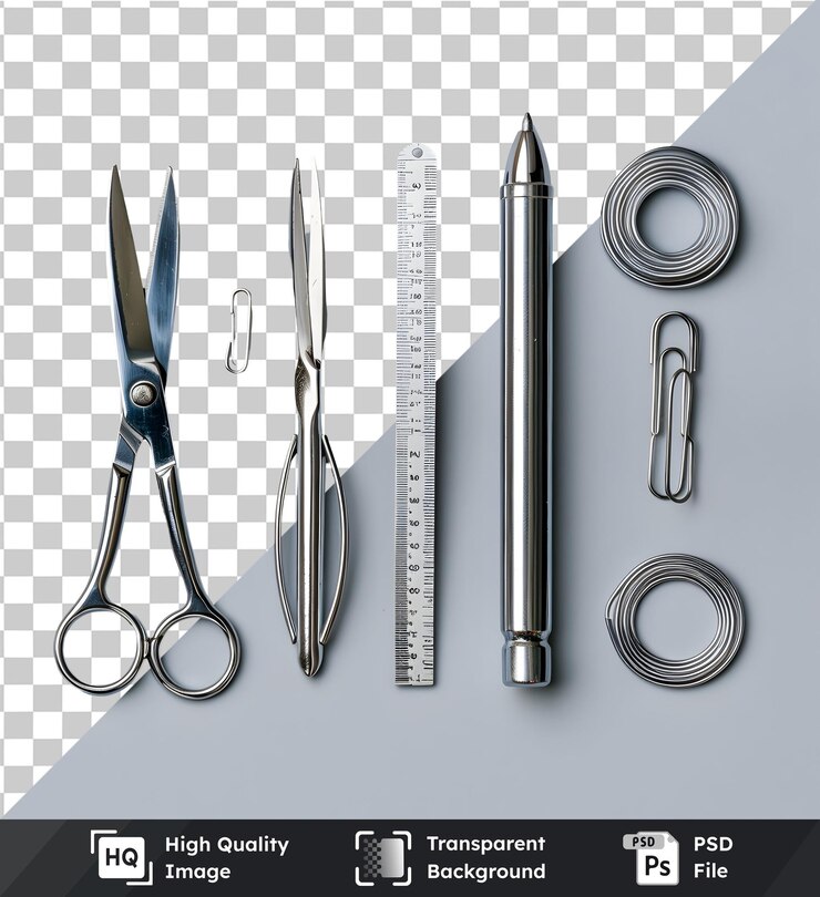 PSD descubra imágenes de alta resolución png psd transparentes de tijeras metálicas, regla de bolígrafo y clips de papel