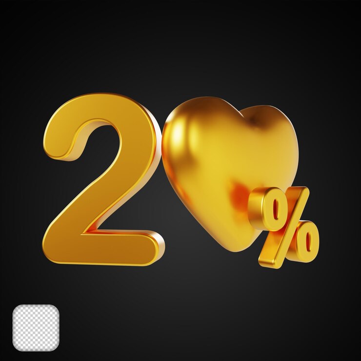PSD descuento 20 de oro con corazón ilustración 3d