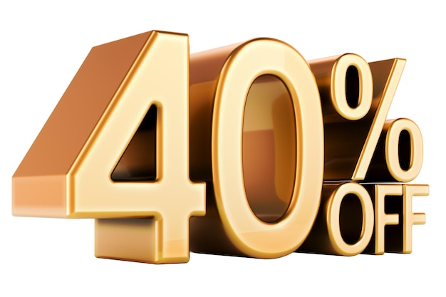 Descuento del 40 por ciento en oro 40 por ciento de descuento en texto Concepto de descuento y venta Rendering 3D aislado en fondo transparente