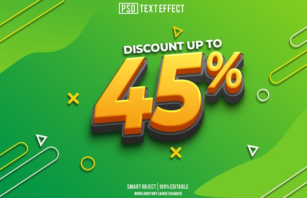 Descuento del 45 por ciento en la fuente de efecto de texto, tipografía editable y texto 3D.