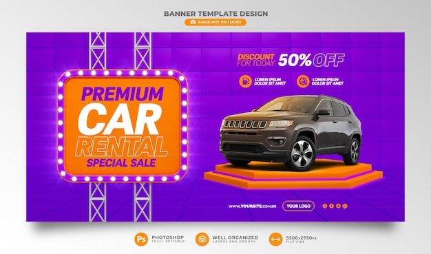 Descuento de banner de venta especial de alquiler de autos premium para hoy 50 de descuento en fondo morado y naranja