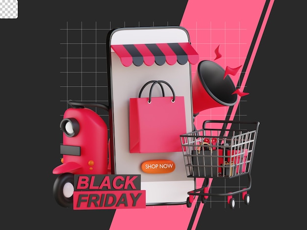 Descuento de compras en línea de ilustración de viernes negro 3d con carrito de vespa y megáfono