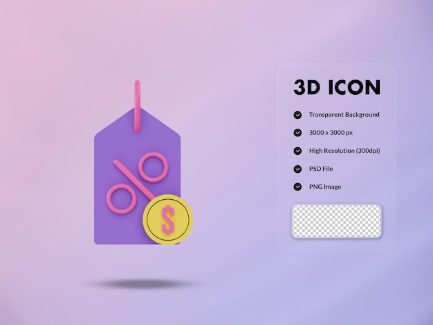 Descuento de etiqueta 3d e icono de moneda de dólar 3d renderizar ilustración