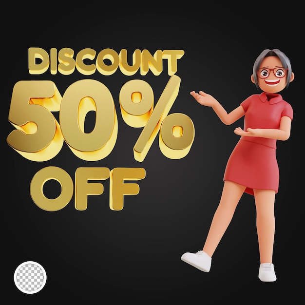 Descuento con ilustración de personaje de mujer 3d