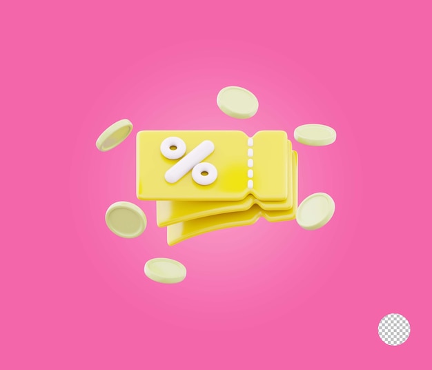 Descuento promocional de compras o etiqueta de cupón con moneda que representa una oferta de venta de compras de bajo precio 3d