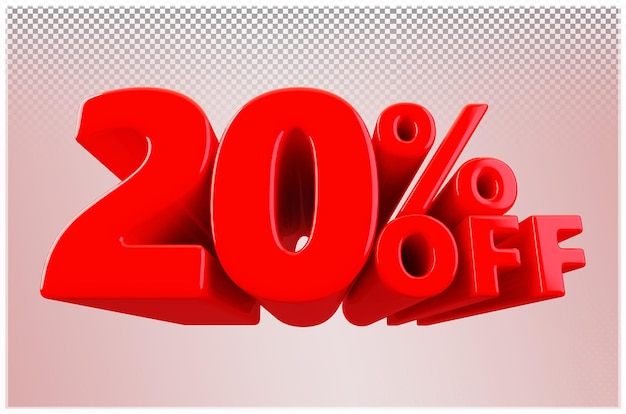 Descuento rojo del 20 por ciento de descuento en venta Promoción de números de renderización 3D