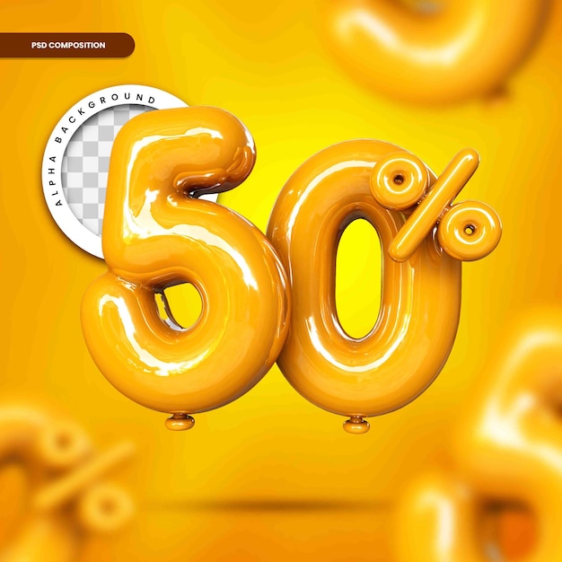 Descuento de texto de globo hasta 50 por ciento 3d render aislado