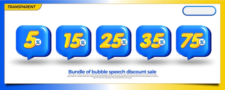 PSD descuento de venta de etiqueta vectorial 5,15,25,75 precio porcentual flashsale azul, amarillo, colores blancos