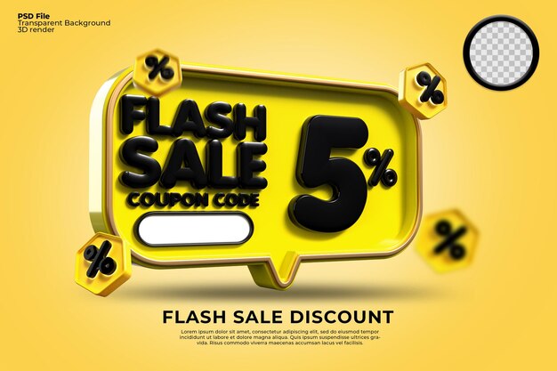 PSD descuento de venta flash 3d número 5 porcentaje con colores negros amarillos, banner de tienda en línea,