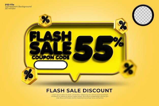 Descuento de venta flash 3D número 55 porcentaje con colores negros amarillos, banner de tienda en línea,